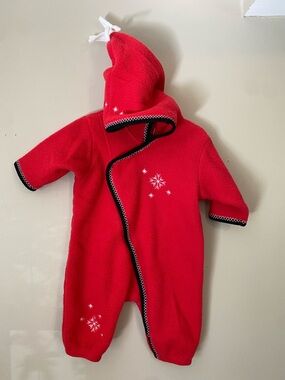 Hanna Andersson Red Hooded Fleece One-Piece with Snowflake Detail